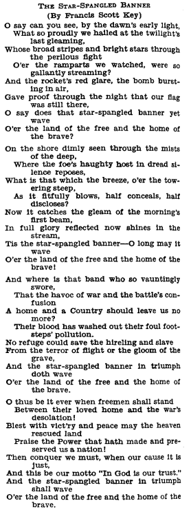 lyrics of the four verses of the Star Spangled Banner