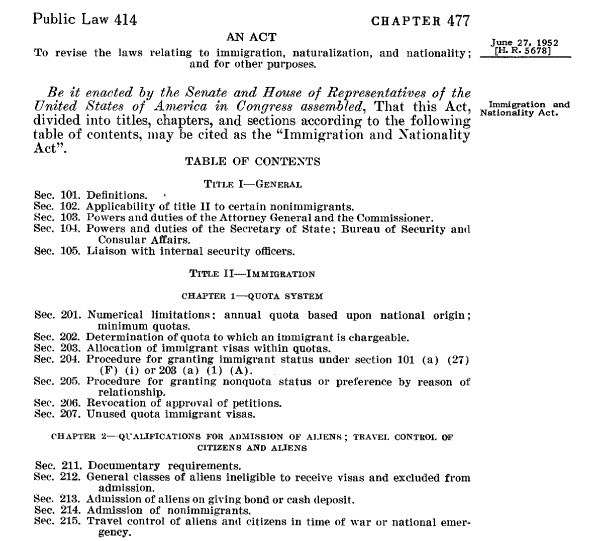 excerpt of Immigration and Nationality Act of 1952