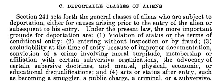 excerpt from Immigration and Nationality Act of 1952 under the "Deportable Classes of Aliens" section