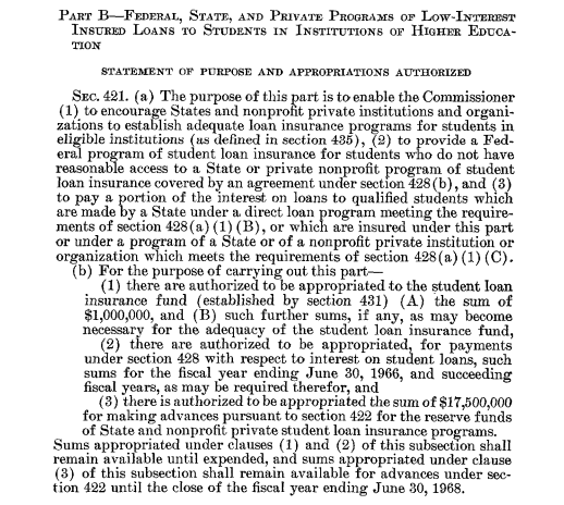 screenshot of excerpt of Higher Education Act of 1965 regarding student loans