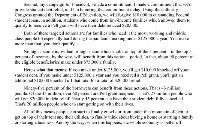 excerpt from Biden's speech announcing student loan forgiveness executive order