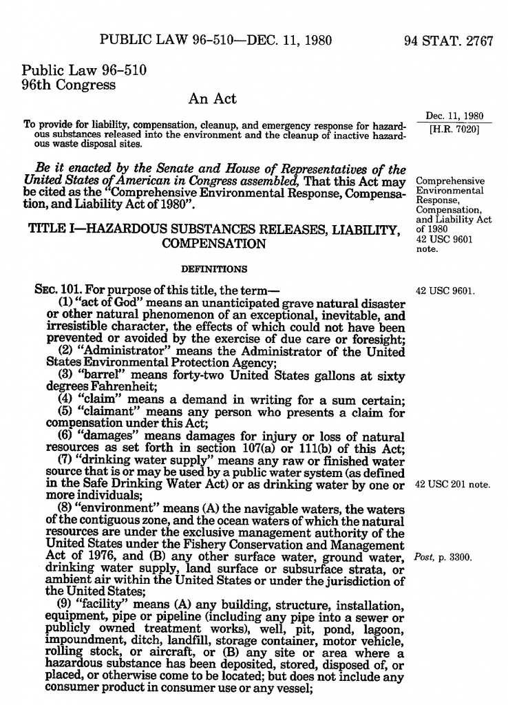 Text of the Comprehensive Environmental Response, Compensation, and Liability Act of 1980