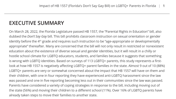 summary of document illustrating the impact of Florida's "Don't Say Gay" bill on LGBTQ+ Parents in Florida