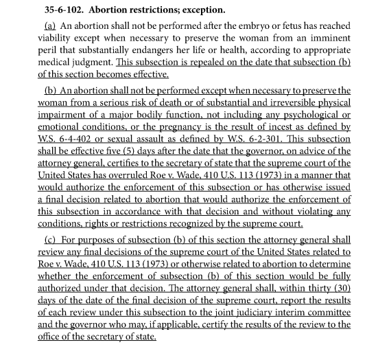 screenshot of Wyoming session law on abortion from 2022