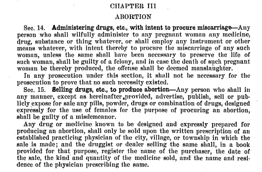 screenshot of Michigan's 1931 abortion ban law