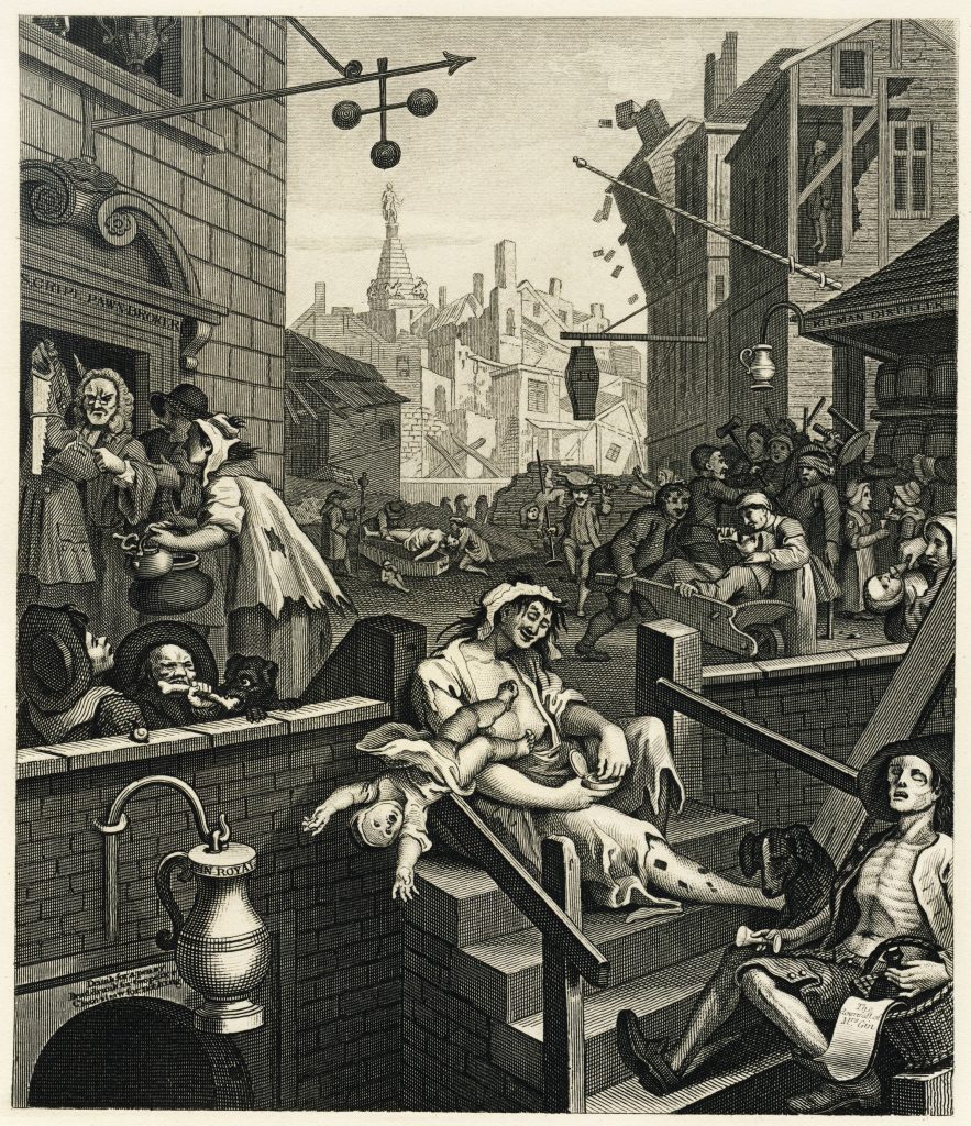 Gin Lane, showing the effects of overconsumption in city life. In the foreground sits a mother, her legs riddled with syphilitic sores, so drunk she is unaware that her baby is falling to his death. All around her are scenes more and more horrific: carpenters pawn their tools for money to drink, people fight with dogs for bones to eat, another mother gives her infant a dram of gin, an emaciated man holds an empty cup of gin as he sits next to a black dog. In the background undertakers bury a woman, a crowd fights in front of a tavern, a barber has hanged himself, a drunken man has impaled a child.