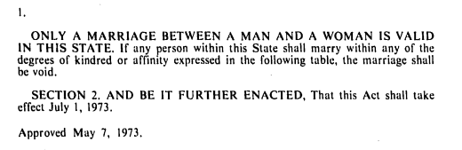 Maryland session law from 1973 stating that only marriages between a man and a woman were to be recognized int he state
