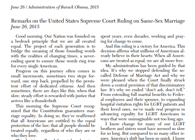 excerpt from President Obama's "Remarks on the United States Supreme Court Ruling on Same-Sex Marriage"
