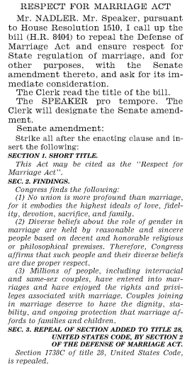 excerpt of Respect for Marriage Act in the Congressional Record