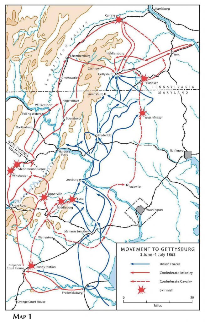 Map showing the Union and Confederate armies movement into Gettysburg.