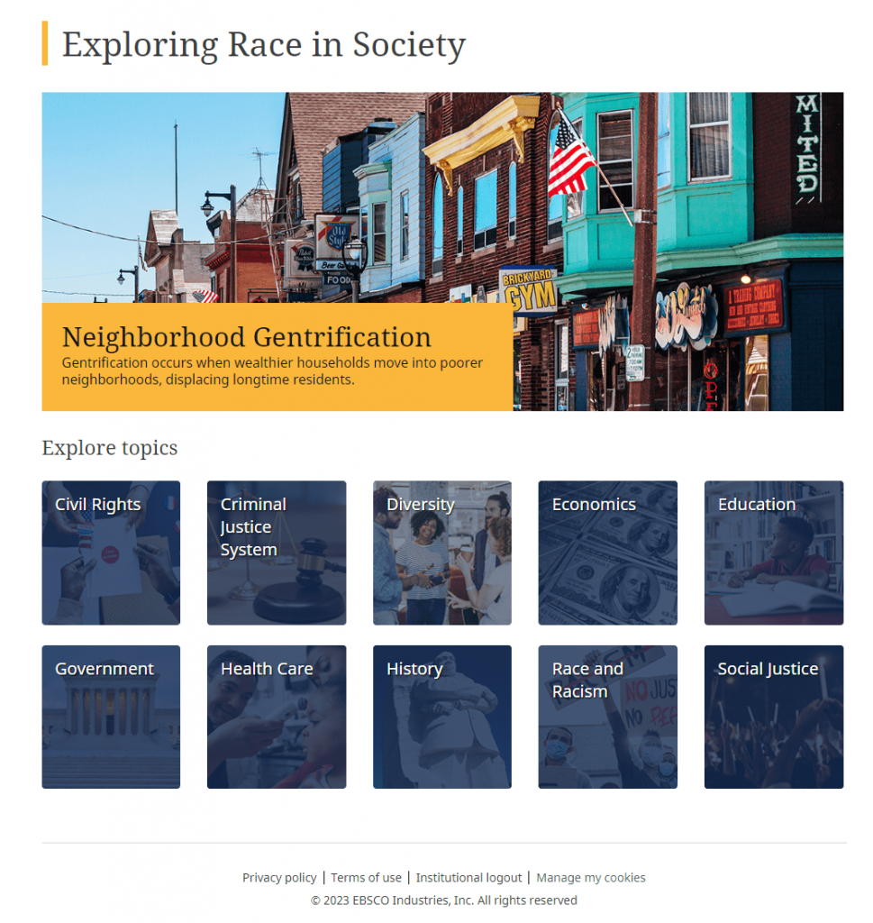 screenshot of EBSCO's Exploring Race in Society database