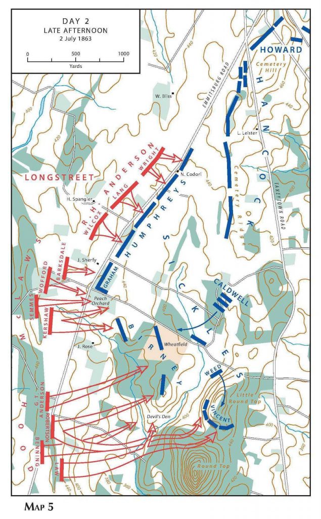 Map showing Union and Confederate troop positions on day two of the battle. 