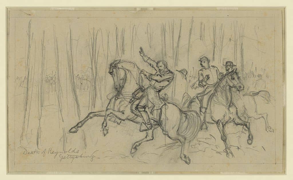 Pencil drawing of General Reynold's death on horseback, with woods in the background.