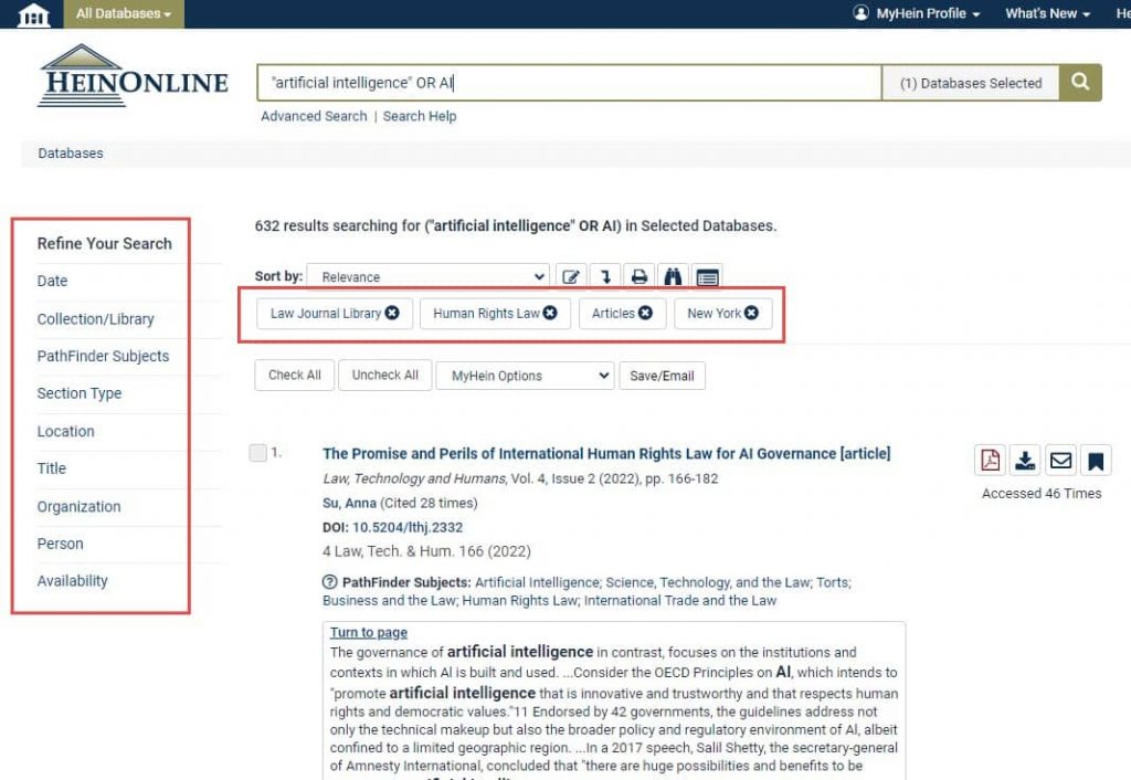 image of a results page in HeinOnline where selected facets are displayed