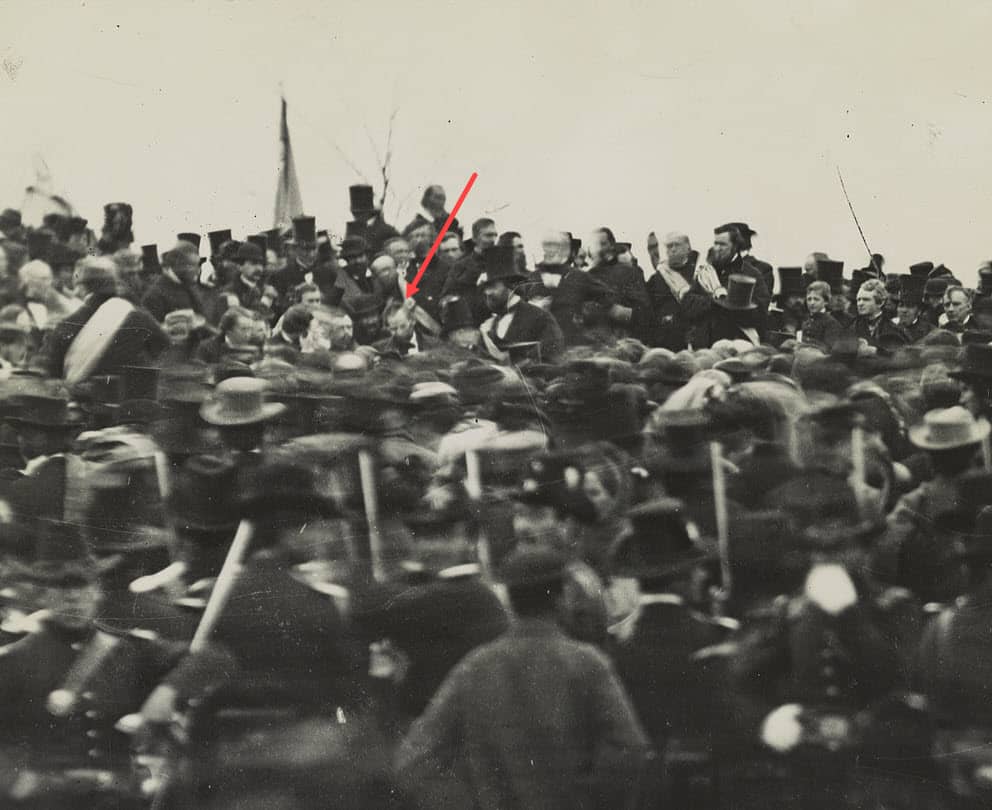 The only known photograph of Lincoln from when he delivered the Gettysburg Address. Lincoln, hatless, can be seen at the bag of a huge crowd of people.