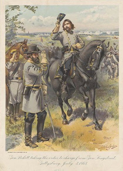 Drawing of General Pickett, on horseback, saluting General Longstreet before his fateful charge.