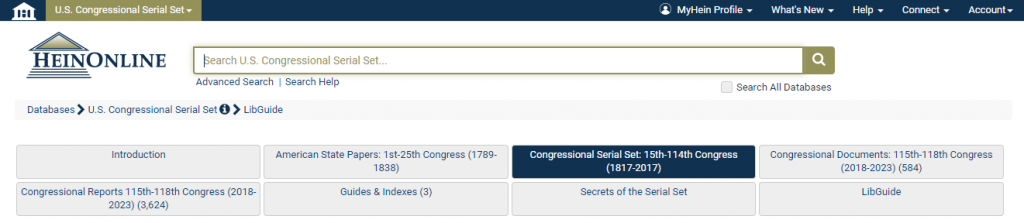 screenshot of subcollections in Congressional Serial Set
