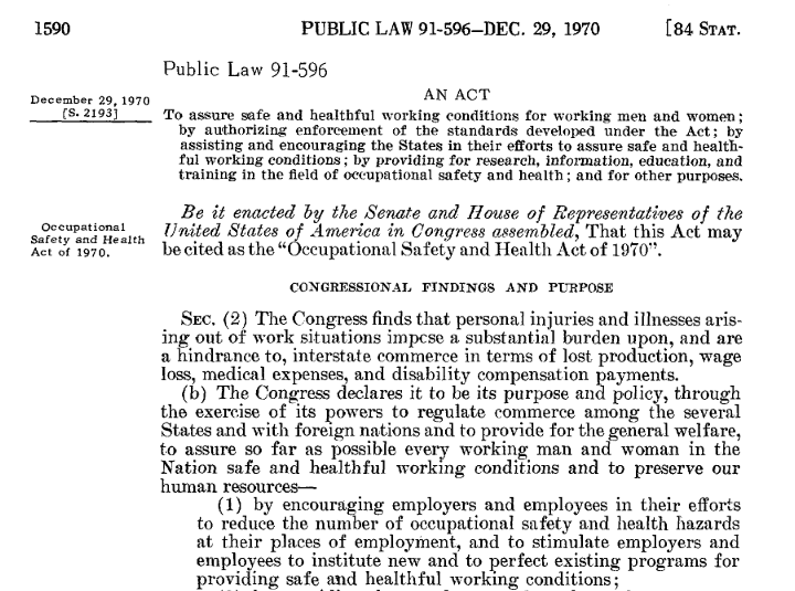 screenshot of excerpt from Occupational Safety and Health Act of 1970