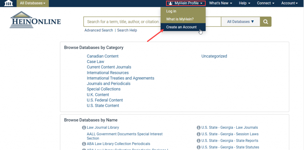 HeinOnline Welcome page with MyHein Profile drop-down menu highlighted