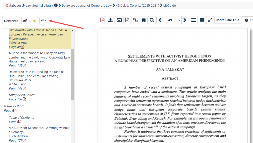 screenshot of document view in HeinOnline with arrow pointing to the Cite button