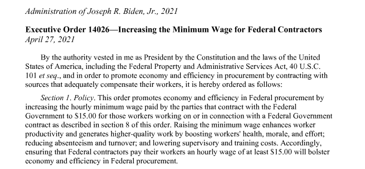 excerpt from Biden's executive order increasing the minimum wage for federal contractors