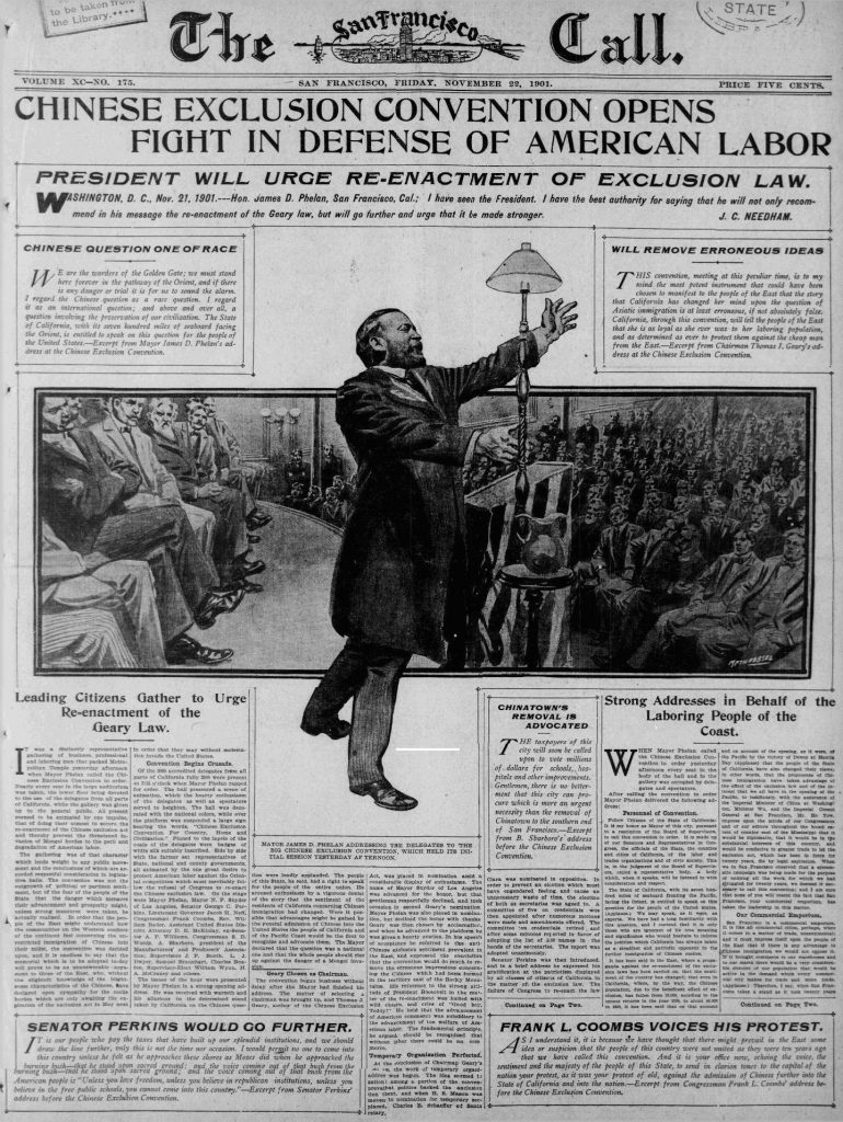 image of front page of the San Francisco Call with headline "Chinese Exclusion Convention Opens Fight in Defense of American Labor, published November 1901