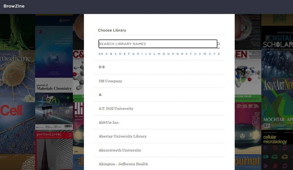 image of Browzine.com where users can search for their library