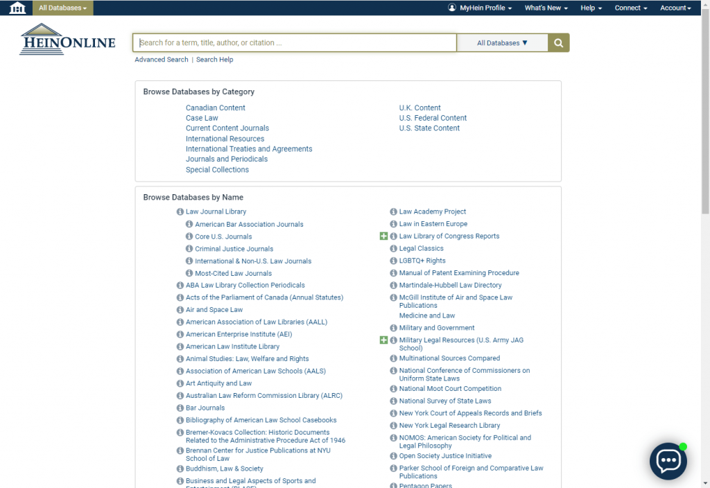screenshot of current HeinOnline Welcome page