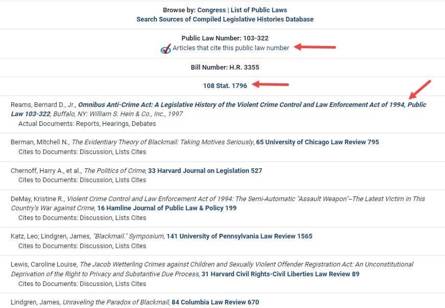 image of a bibliography of an Act in the Sources of Compiled Legislative History database