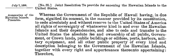 screenshot of excerpt from the joint resolution "To provide for annexing the Hawaiian Islands to the United States"
