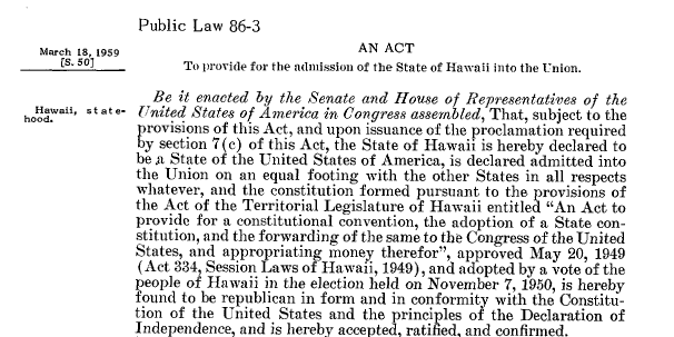 screenshot of excerpt of "An Act To provide for the admission of the State of Hawaii into the Union."