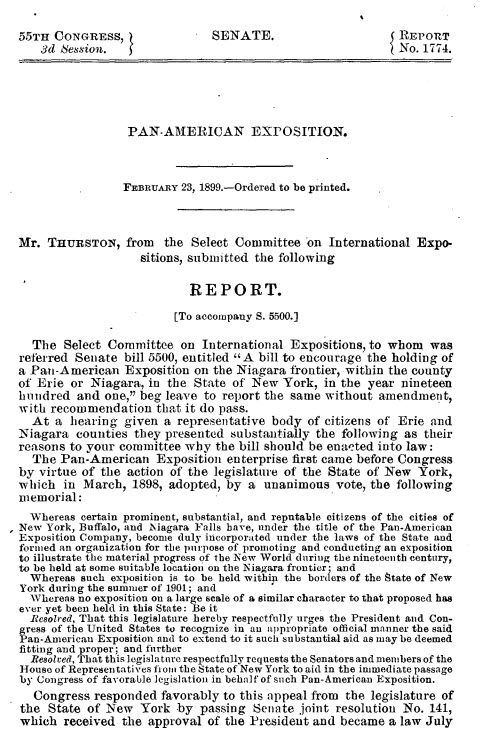 screenshot of excerpt of Senate report determining that the Pan-American Exposition would be held in Buffalo, NY