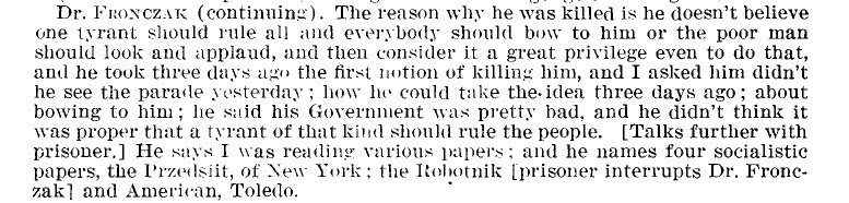 Additional excerpt from Czolgosz's questioning at Buffalo Police Headquarters