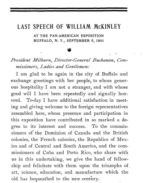 screenshot of excerpt from William McKinley's last speech at the Pan-American Exposition in Buffalo, NY on September 5, 1901