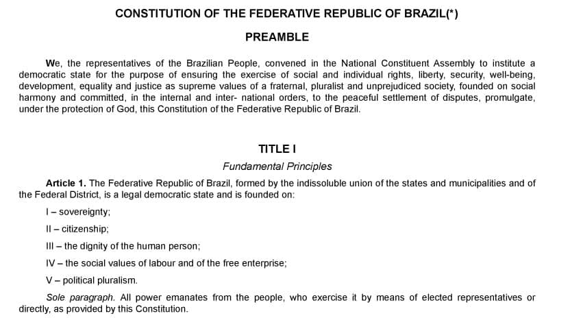 Examples of the English translations that can be found in Brazil's collection in the World Constitutions Illustrated database. The top translation was produced by Keith S. Rosenn and the bottom translation is from the Senate. In both images, there is some text featured from the Preamble of Brazil's Constitution.