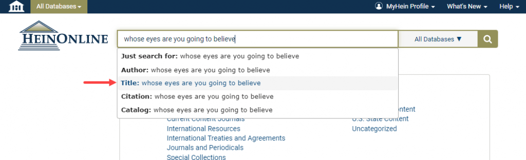 an image showcasing the title option within HeinOnline's one-box search