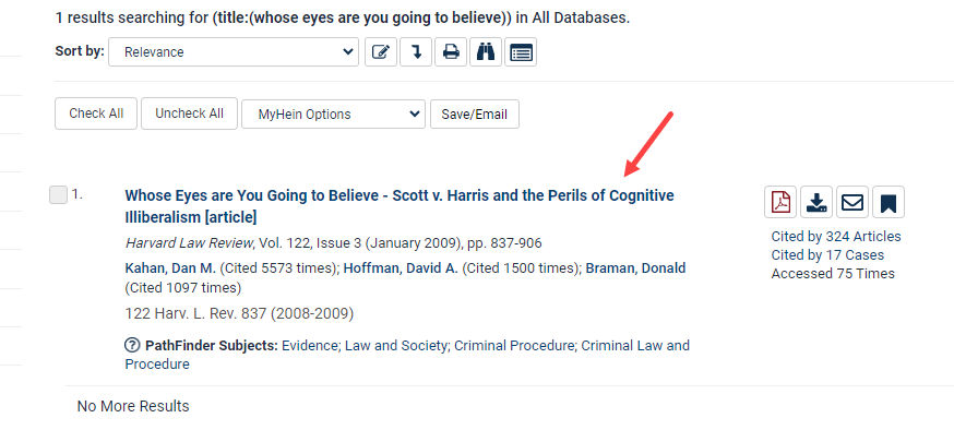 image showing search results in HeinOnline and where a user should click the title to locate an article