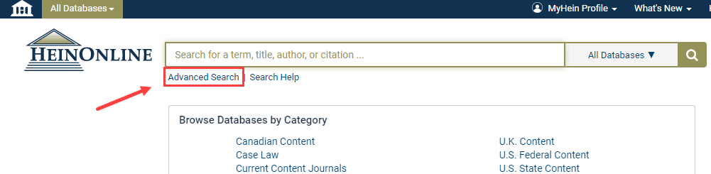 image showing where the Advanced Search option is located under HeinOnline's one-box search