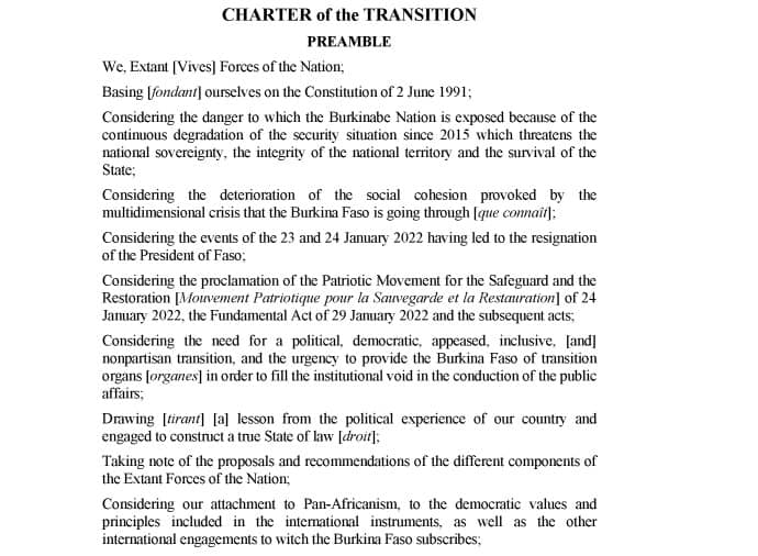 A black and white snapshot of Burkina Faso's 2022 Charter of Transition, which can be found in the World Constitutions Illustrated database in HeinOnline. This includes some of the text from the Preamble.
