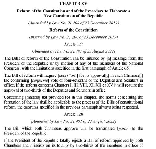 A black and white snapshot of HeinOnline's current translation of the Constitution of Chile found in the World Constitutions Illustrated database in HeinOnline. This includes some text from Chapter XV of Chile's Constitution.