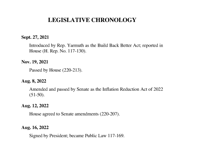 screenshot of legislative chronology of Inflation Reduction Act