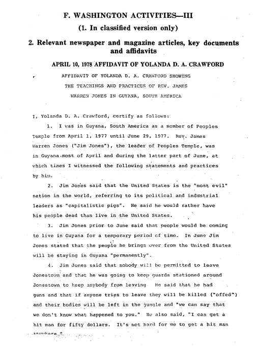 screenshot of excerpt of affidavit of Yolanda D. A. Crawford, a member of Peoples Temple
