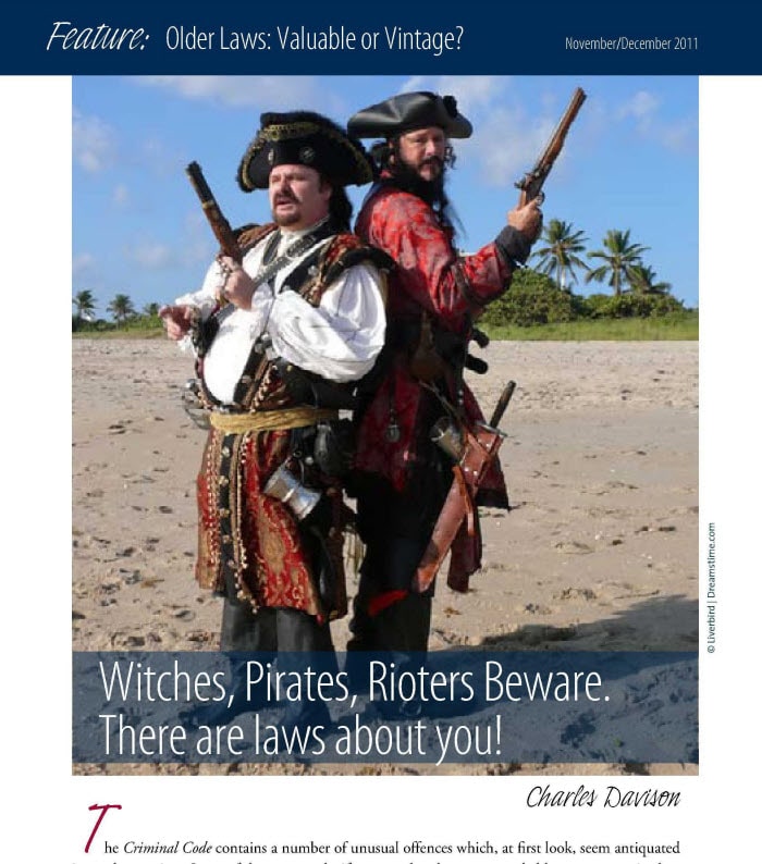 cover of journal article that includes a picture of two people dressed as pirates, with title Witches, Pirates, Rioters Beware. There are laws about you!"