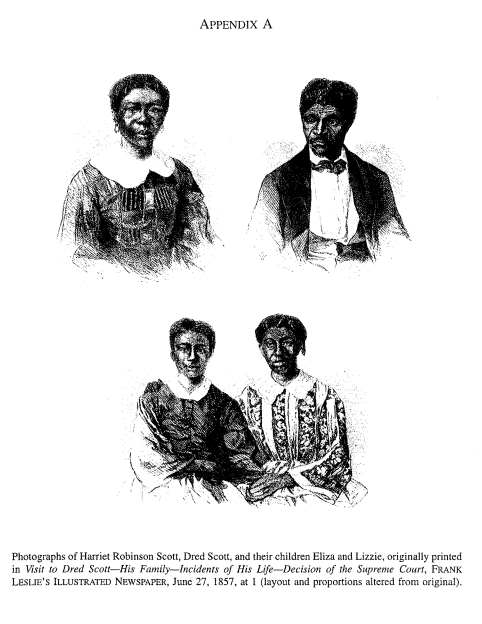 illustration of Harriet Robinson Scott, Dred Scott, and their children Eliza and Lizzie