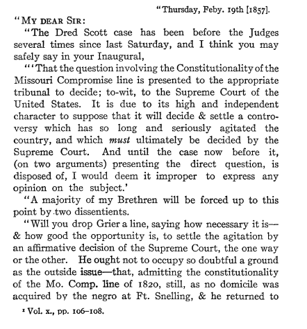screenshot of excerpt of letter from Supreme Court Associate Justice John Catron to President-elect James Buchanan