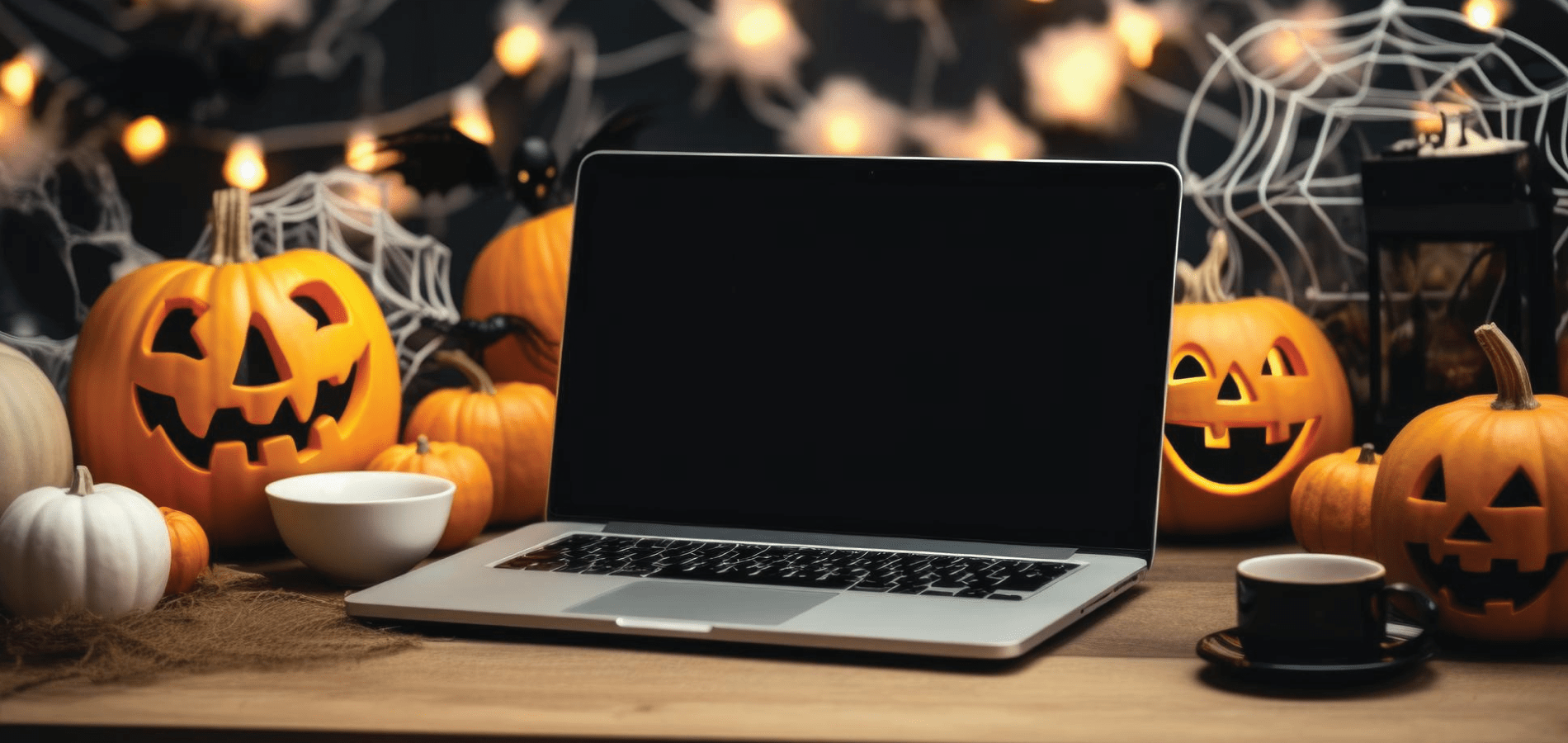 laptop on a desk with jack-o-lanterns, cobwebs, and spooky lights