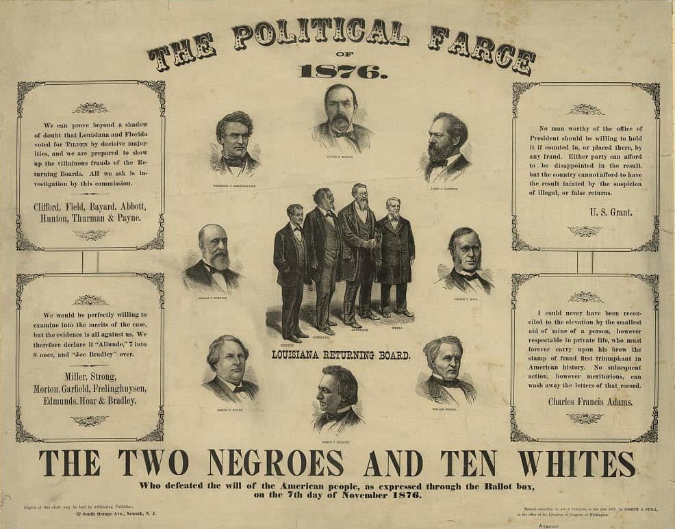 "The political farce of 1876. The two negroes and ten whites who defeated the will of the American people, as expressed through the Ballot box, on the 7th day of November 1876."