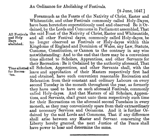 screenshot of "An Ordinance for Abolishing of Festivals" which banned Christmas in England in 1647