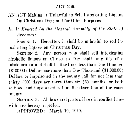 screenshot of Arkansas law banning buying or selling alcohol on Christmas