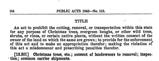 screenshot of excerpt of Michigan law describing need to provide proof of purchase for transporting a Christmas tree